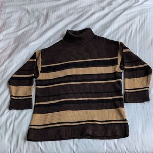 St John Sport by Marie Gray Mixed Stripe Brown & Tan Women's Turtleneck Sweater